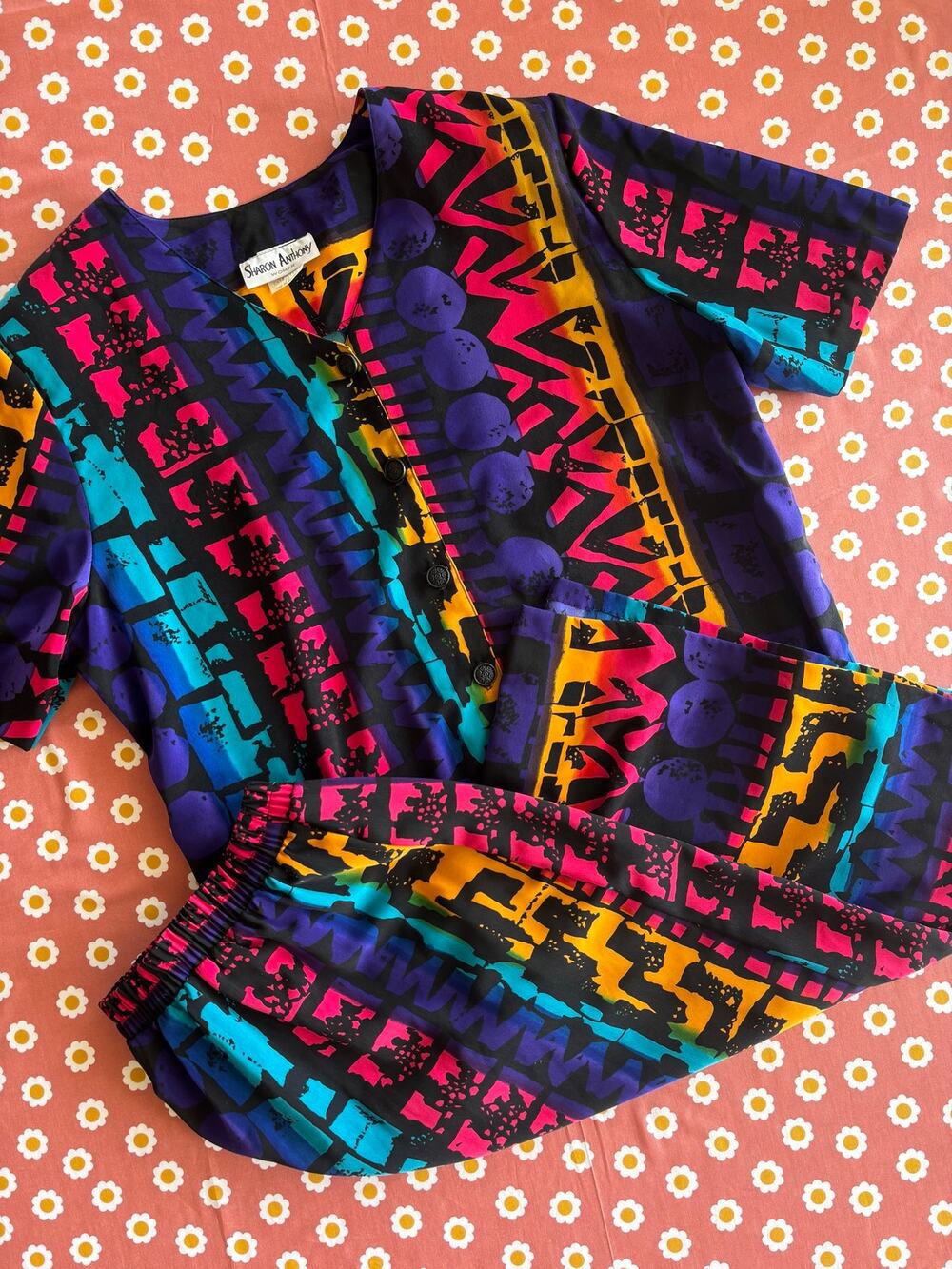 Vintage 1980s Sharon Anthony Matching Set Size 20 Made in USA Bold Abstract Art